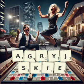 Kreatywna ilustracja do gry w Scrabble ze słowem AGRYJSKIE ułożonym z płytek na planszy.