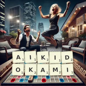Kreatywna ilustracja do gry w Scrabble ze słowem AIKIDOKAMI ułożonym z płytek na planszy.