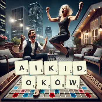Kreatywna ilustracja do gry w Scrabble ze słowem AIKIDOKÓW ułożonym z płytek na planszy.