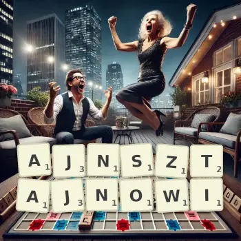 Kreatywna ilustracja do gry w Scrabble ze słowem AJNSZTAJNOWI ułożonym z płytek na planszy.