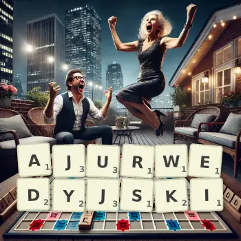 Kreatywna ilustracja do gry w Scrabble ze słowem AJURWEDYJSKI ułożonym z płytek na planszy.