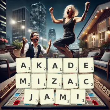 Kreatywna ilustracja do gry w Scrabble ze słowem AKADEMIZACJAMI ułożonym z płytek na planszy.