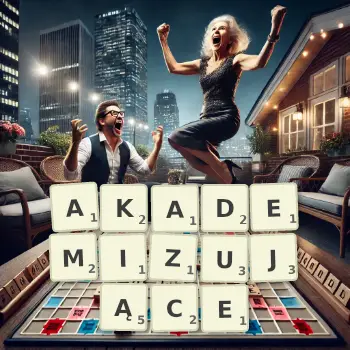 Kreatywna ilustracja do gry w Scrabble ze słowem AKADEMIZUJĄCE ułożonym z płytek na planszy.