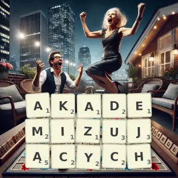 Kreatywna ilustracja do gry w Scrabble ze słowem AKADEMIZUJĄCYCH ułożonym z płytek na planszy.