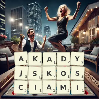 Kreatywna ilustracja do gry w Scrabble ze słowem AKADYJSKOSCIAMI ułożonym z płytek na planszy.