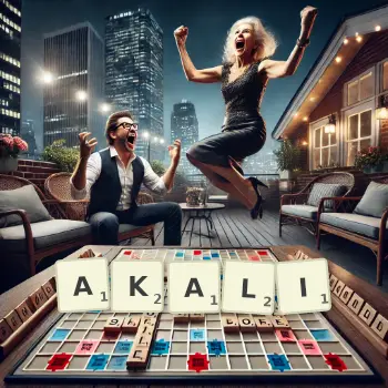 Kreatywna ilustracja do gry w Scrabble ze słowem AKALI ułożonym z płytek na planszy.