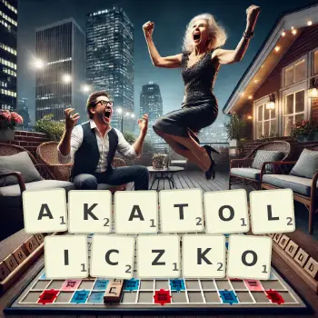 Kreatywna ilustracja do gry w Scrabble ze słowem AKATOLICZKO ułożonym z płytek na planszy.