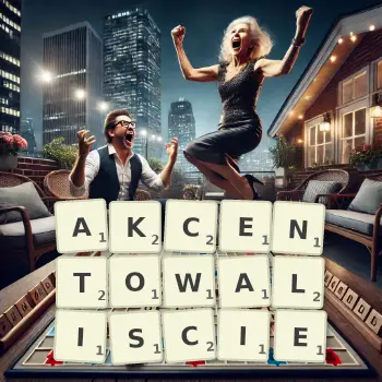 Kreatywna ilustracja do gry w Scrabble ze słowem AKCENTOWALISCIE ułożonym z płytek na planszy.