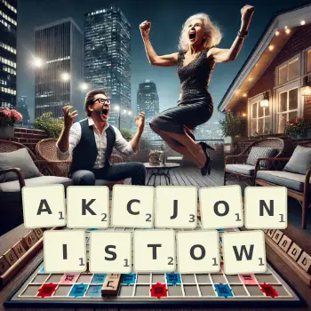 Kreatywna ilustracja do gry w Scrabble ze słowem AKCJONISTOW ułożonym z płytek na planszy.