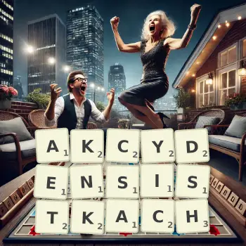 Kreatywna ilustracja do gry w Scrabble ze słowem AKCYDENSISTKACH ułożonym z płytek na planszy.