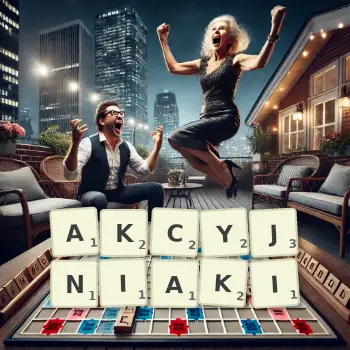 Kreatywna ilustracja do gry w Scrabble ze słowem AKCYJNIAKI ułożonym z płytek na planszy.