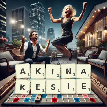 Kreatywna ilustracja do gry w Scrabble ze słowem AKINAKESIE ułożonym z płytek na planszy.