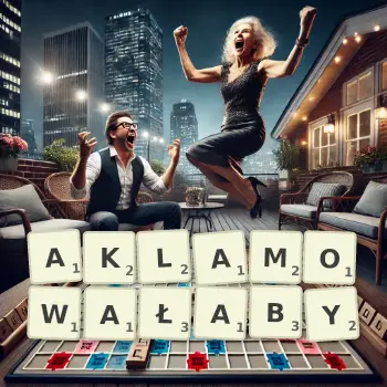 Kreatywna ilustracja do gry w Scrabble ze słowem AKLAMOWAŁABY ułożonym z płytek na planszy.