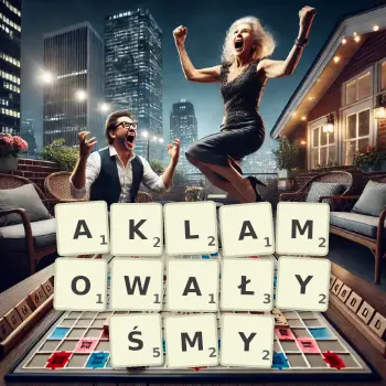 Kreatywna ilustracja do gry w Scrabble ze słowem AKLAMOWAŁYŚMY ułożonym z płytek na planszy.