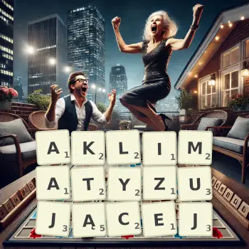 Kreatywna ilustracja do gry w Scrabble ze słowem AKLIMATYZUJĄCEJ ułożonym z płytek na planszy.