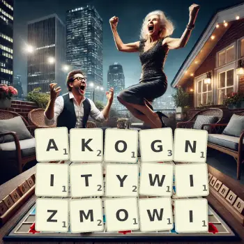 Kreatywna ilustracja do gry w Scrabble ze słowem AKOGNITYWIZMOWI ułożonym z płytek na planszy.