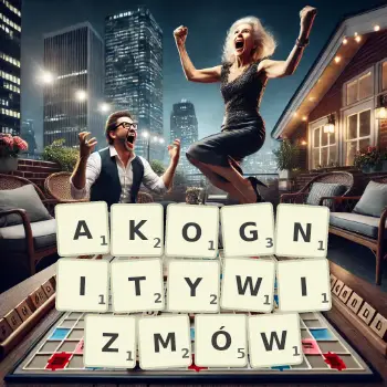 Kreatywna ilustracja do gry w Scrabble ze słowem AKOGNITYWIZMÓW ułożonym z płytek na planszy.
