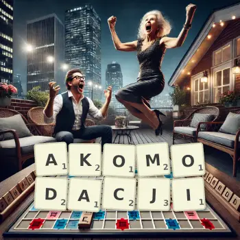 Kreatywna ilustracja do gry w Scrabble ze słowem AKOMODACJI ułożonym z płytek na planszy.