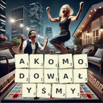 Kreatywna ilustracja do gry w Scrabble ze słowem AKOMODOWAŁYŚMY ułożonym z płytek na planszy.