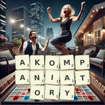 Kreatywna ilustracja do gry w Scrabble ze słowem AKOMPANIATORY ułożonym z płytek na planszy.