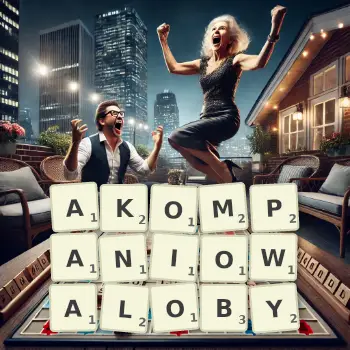 Kreatywna ilustracja do gry w Scrabble ze słowem AKOMPANIOWALOBY ułożonym z płytek na planszy.