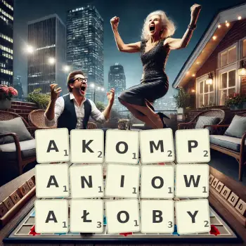 Kreatywna ilustracja do gry w Scrabble ze słowem AKOMPANIOWAŁOBY ułożonym z płytek na planszy.