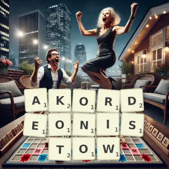 Kreatywna ilustracja do gry w Scrabble ze słowem AKORDEONISTOW ułożonym z płytek na planszy.