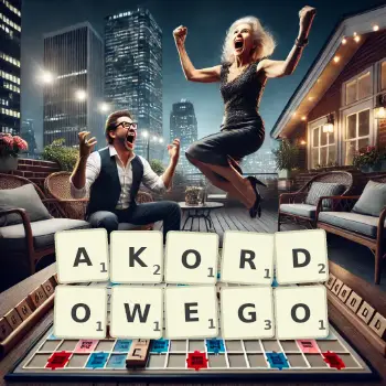 Kreatywna ilustracja do gry w Scrabble ze słowem AKORDOWEGO ułożonym z płytek na planszy.