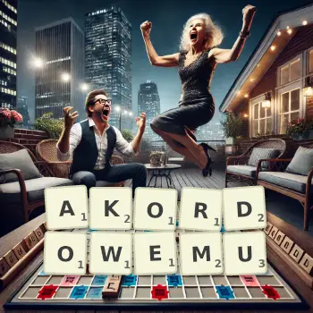 Kreatywna ilustracja do gry w Scrabble ze słowem AKORDOWEMU ułożonym z płytek na planszy.