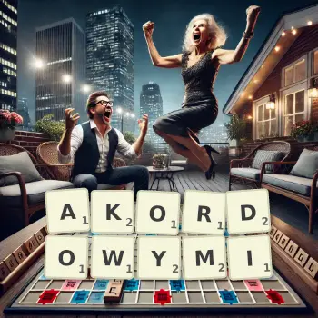 Kreatywna ilustracja do gry w Scrabble ze słowem AKORDOWYMI ułożonym z płytek na planszy.