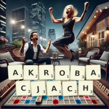 Kreatywna ilustracja do gry w Scrabble ze słowem AKROBACJACH ułożonym z płytek na planszy.
