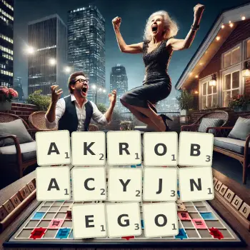 Kreatywna ilustracja do gry w Scrabble ze słowem AKROBACYJNEGO ułożonym z płytek na planszy.