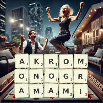 Kreatywna ilustracja do gry w Scrabble ze słowem AKROMONOGRAMAMI ułożonym z płytek na planszy.