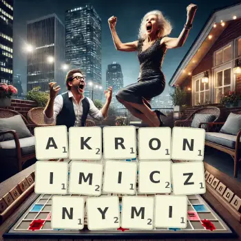 Kreatywna ilustracja do gry w Scrabble ze słowem AKRONIMICZNYMI ułożonym z płytek na planszy.