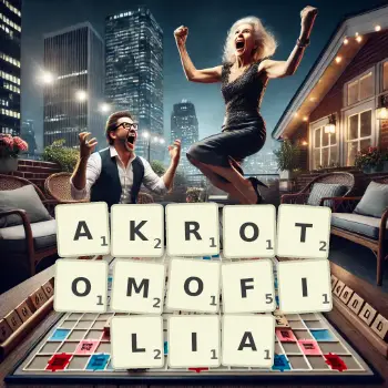 Kreatywna ilustracja do gry w Scrabble ze słowem AKROTOMOFILIA ułożonym z płytek na planszy.