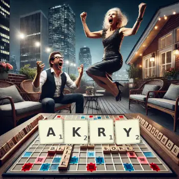 Kreatywna ilustracja do gry w Scrabble ze słowem AKRY ułożonym z płytek na planszy.