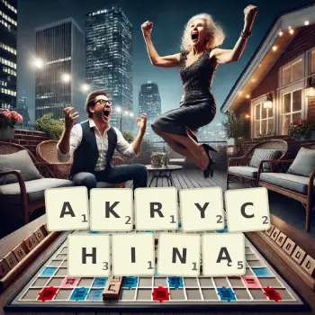 Kreatywna ilustracja do gry w Scrabble ze słowem AKRYCHINĄ ułożonym z płytek na planszy.