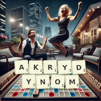 Kreatywna ilustracja do gry w Scrabble ze słowem AKRYDYNOM ułożonym z płytek na planszy.