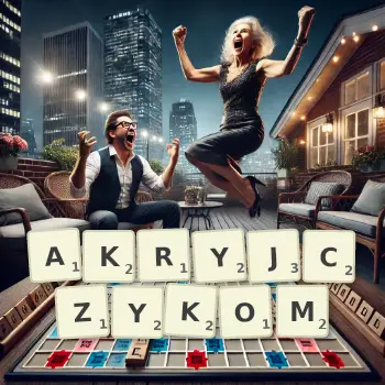 Kreatywna ilustracja do gry w Scrabble ze słowem AKRYJCZYKOM ułożonym z płytek na planszy.