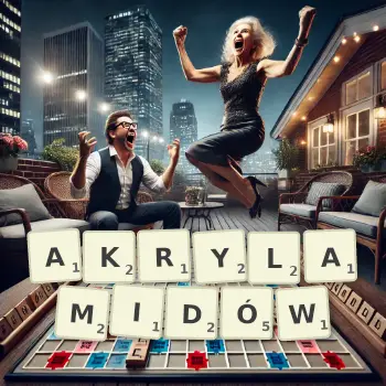 Kreatywna ilustracja do gry w Scrabble ze słowem AKRYLAMIDÓW ułożonym z płytek na planszy.
