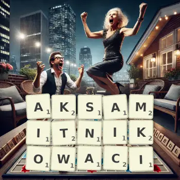 Kreatywna ilustracja do gry w Scrabble ze słowem AKSAMITNIKOWACI ułożonym z płytek na planszy.
