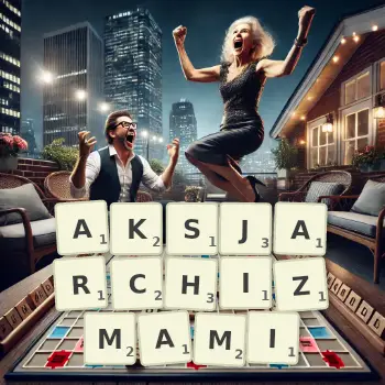 Kreatywna ilustracja do gry w Scrabble ze słowem AKSJARCHIZMAMI ułożonym z płytek na planszy.