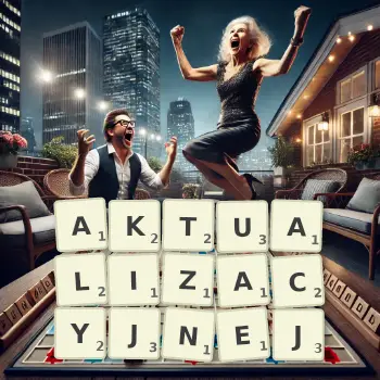 Kreatywna ilustracja do gry w Scrabble ze słowem AKTUALIZACYJNEJ ułożonym z płytek na planszy.