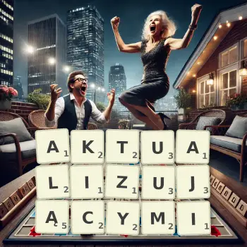 Kreatywna ilustracja do gry w Scrabble ze słowem AKTUALIZUJĄCYMI ułożonym z płytek na planszy.