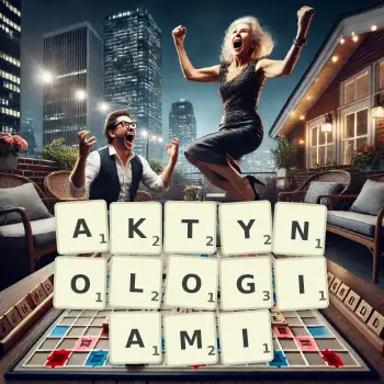 Kreatywna ilustracja do gry w Scrabble ze słowem AKTYNOLOGIAMI ułożonym z płytek na planszy.