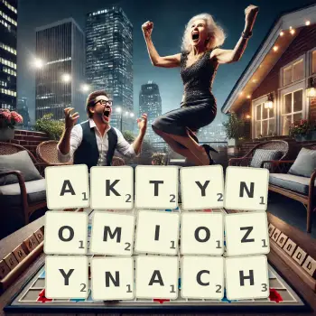Kreatywna ilustracja do gry w Scrabble ze słowem AKTYNOMIOZYNACH ułożonym z płytek na planszy.