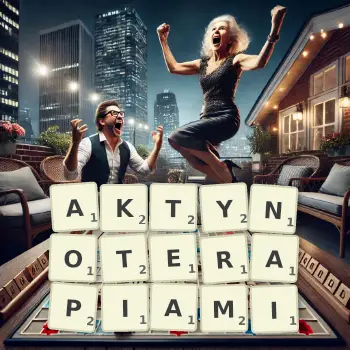 Kreatywna ilustracja do gry w Scrabble ze słowem AKTYNOTERAPIAMI ułożonym z płytek na planszy.
