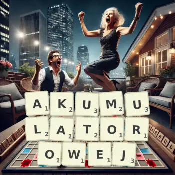 Kreatywna ilustracja do gry w Scrabble ze słowem AKUMULATOROWEJ ułożonym z płytek na planszy.