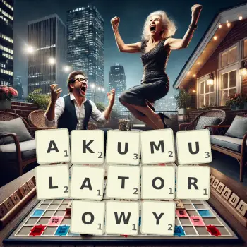 Kreatywna ilustracja do gry w Scrabble ze słowem AKUMULATOROWY ułożonym z płytek na planszy.