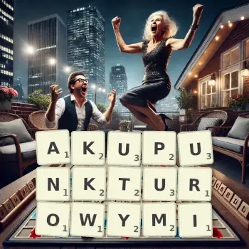 Kreatywna ilustracja do gry w Scrabble ze słowem AKUPUNKTUROWYMI ułożonym z płytek na planszy.